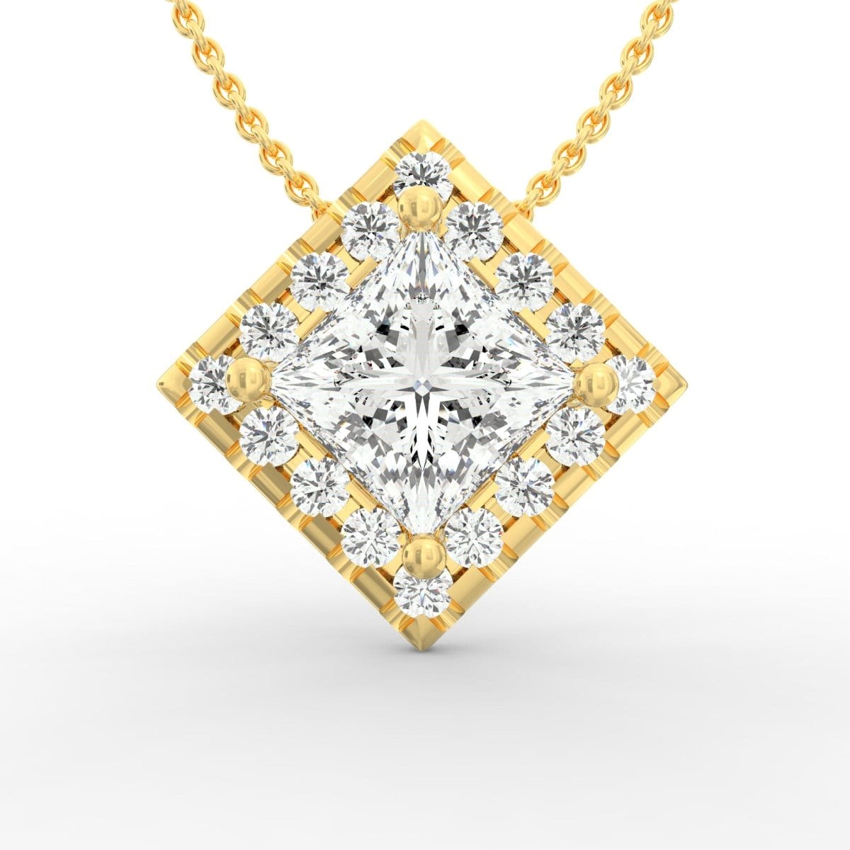 Regal Brilliance: Princess Cut Solitaire Diamond Pendant with Micropave Halo