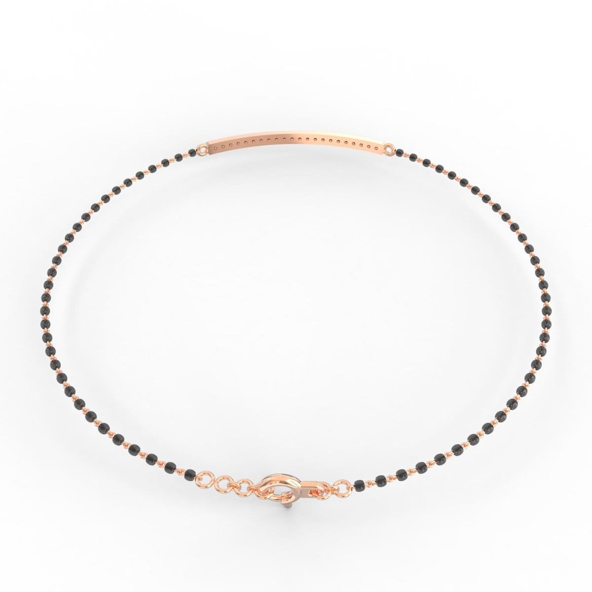 Back of the Embrace Mangalsutra Bracelet crafted in Rose Gold. This view showcases the bracelet’s delicate mangalsutra bead detailing and clean diamond bar centerpiece. Elegant and lightweight, perfect for modern tradition.