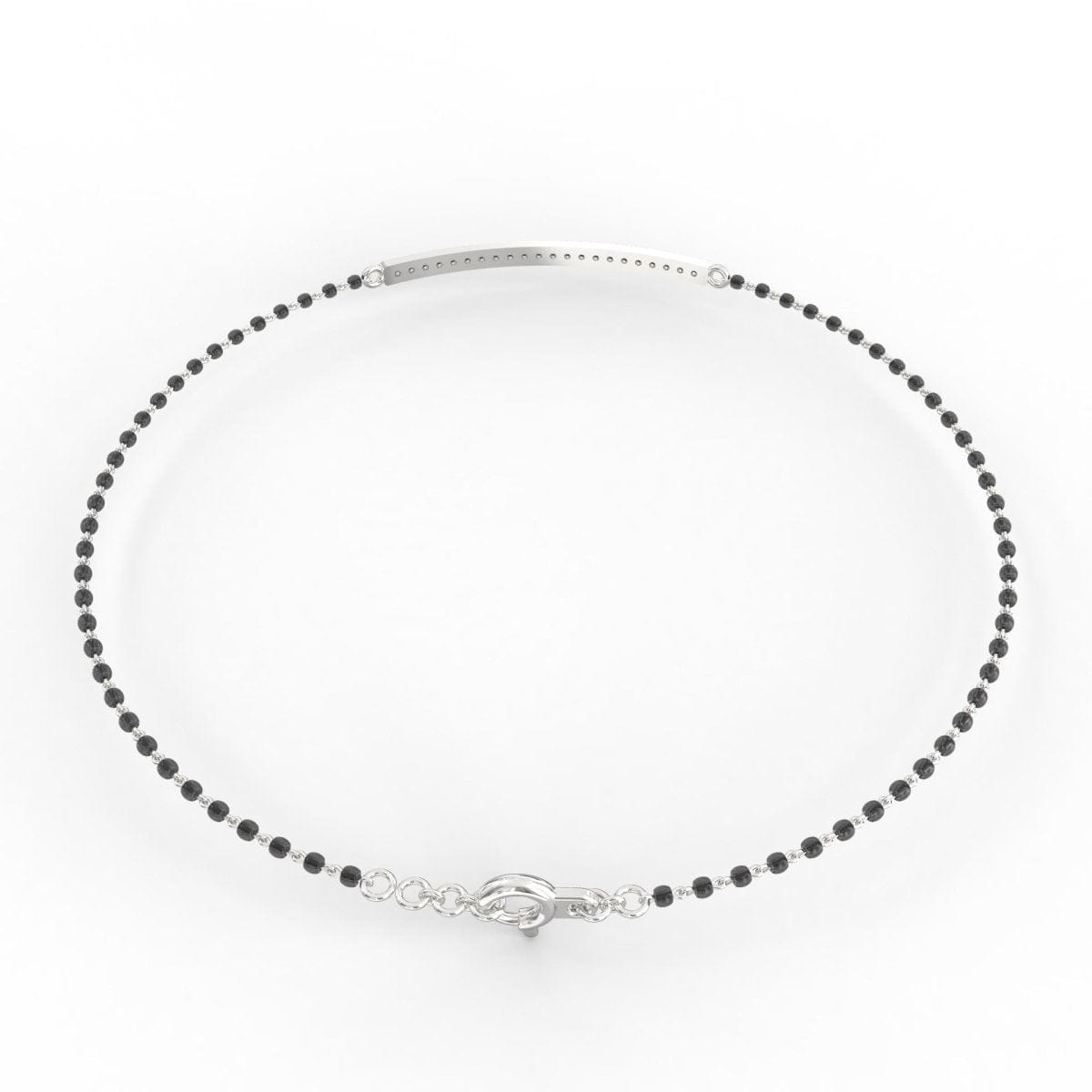 Back of the Embrace Mangalsutra Bracelet crafted in White Gold. This view showcases the bracelet’s delicate mangalsutra bead detailing and clean diamond bar centerpiece. Elegant and lightweight, perfect for modern tradition.