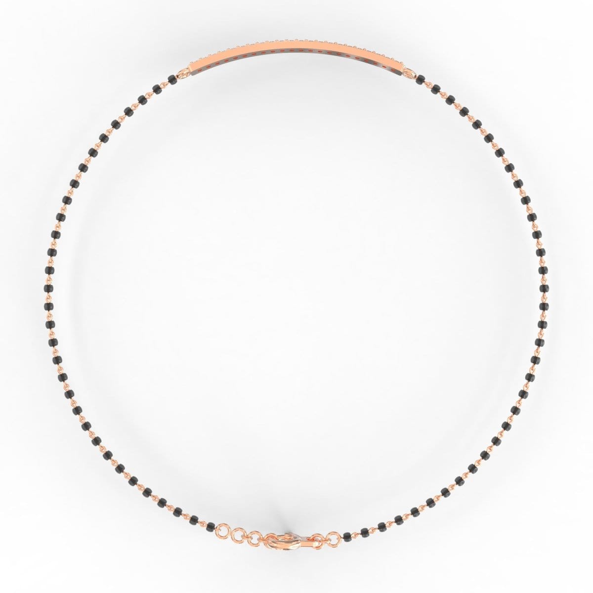 Top View of the Embrace Mangalsutra Bracelet crafted in Rose Gold. This view showcases the bracelet’s delicate mangalsutra bead detailing and clean diamond bar centerpiece. Elegant and lightweight, perfect for modern tradition.
