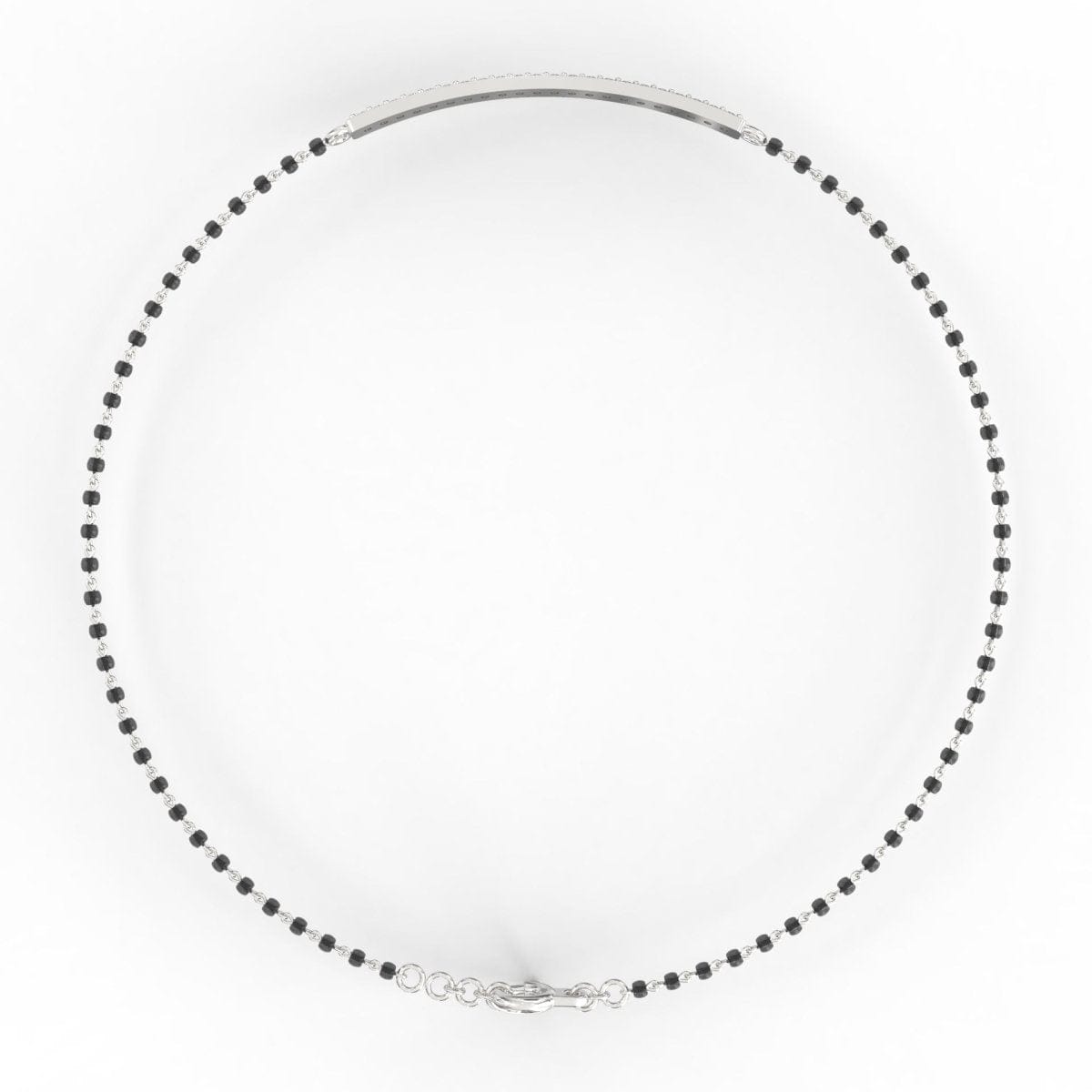 Top View of the Embrace Mangalsutra Bracelet crafted in White Gold. This view showcases the bracelet’s delicate mangalsutra bead detailing and clean diamond bar centerpiece. Elegant and lightweight, perfect for modern tradition.