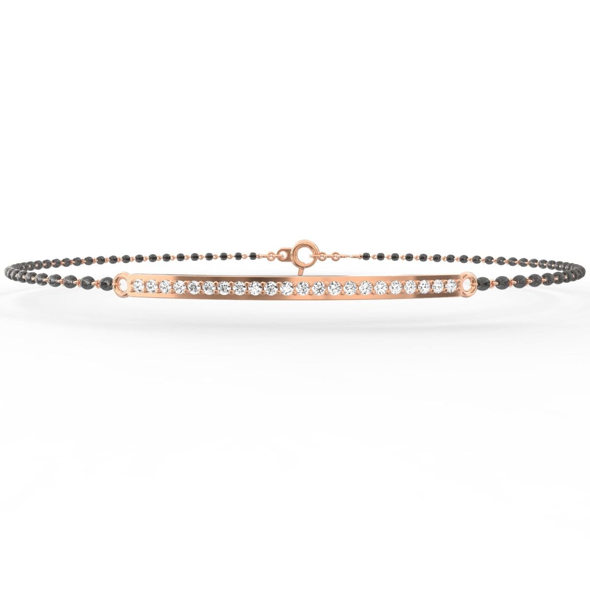 Zoom of the Embrace Mangalsutra Bracelet crafted in Rose Gold. This view showcases the bracelet’s delicate mangalsutra bead detailing and clean diamond bar centerpiece. Elegant and lightweight, perfect for modern tradition.