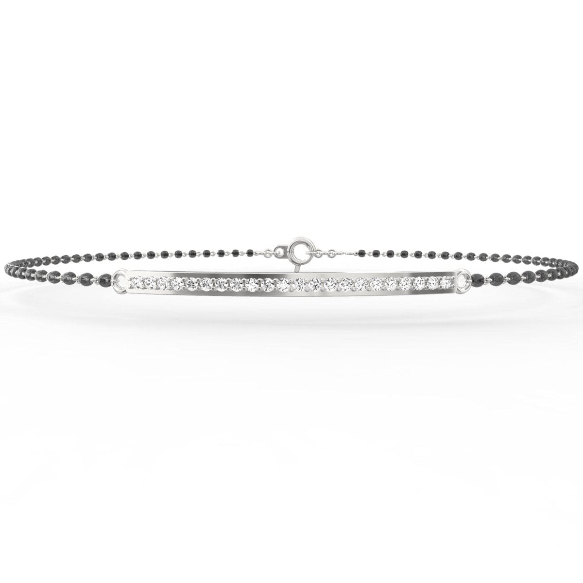 Zoom of the Embrace Mangalsutra Bracelet crafted in White Gold. This view showcases the bracelet’s delicate mangalsutra bead detailing and clean diamond bar centerpiece. Elegant and lightweight, perfect for modern tradition.
