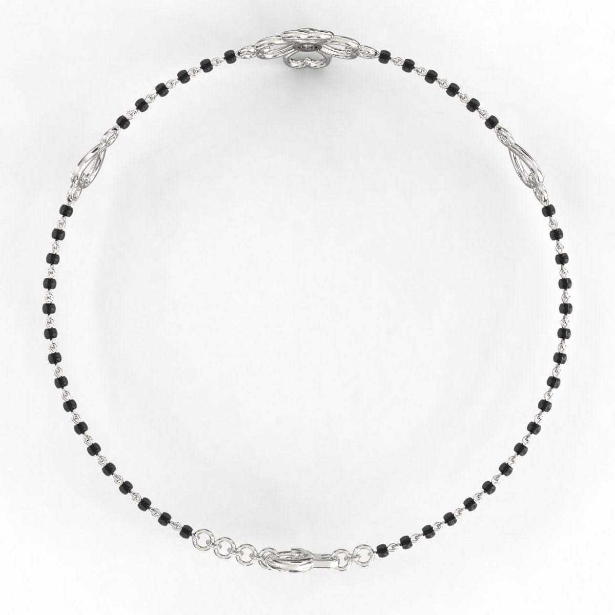 Top View of Blossom Brilliance Circlet Mangalsutra Bracelet in white gold showing floral solitaire centerpiece, minimal black beads, and secure clasp.