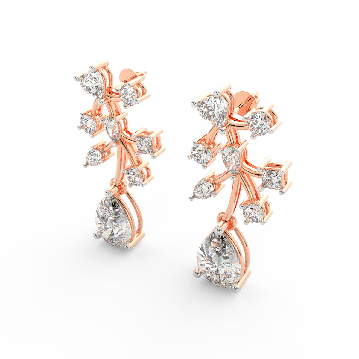 Angled view of rose gold floral earrings showcasing round lab grown diamonds and smooth petal design.
