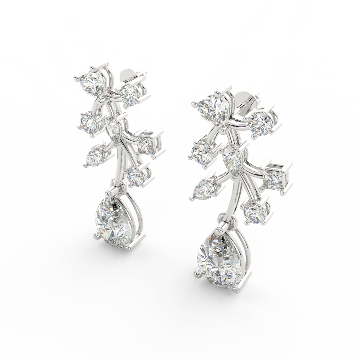Angled view of white gold floral earrings with lab grown diamonds arranged symmetrically on polished petals.
