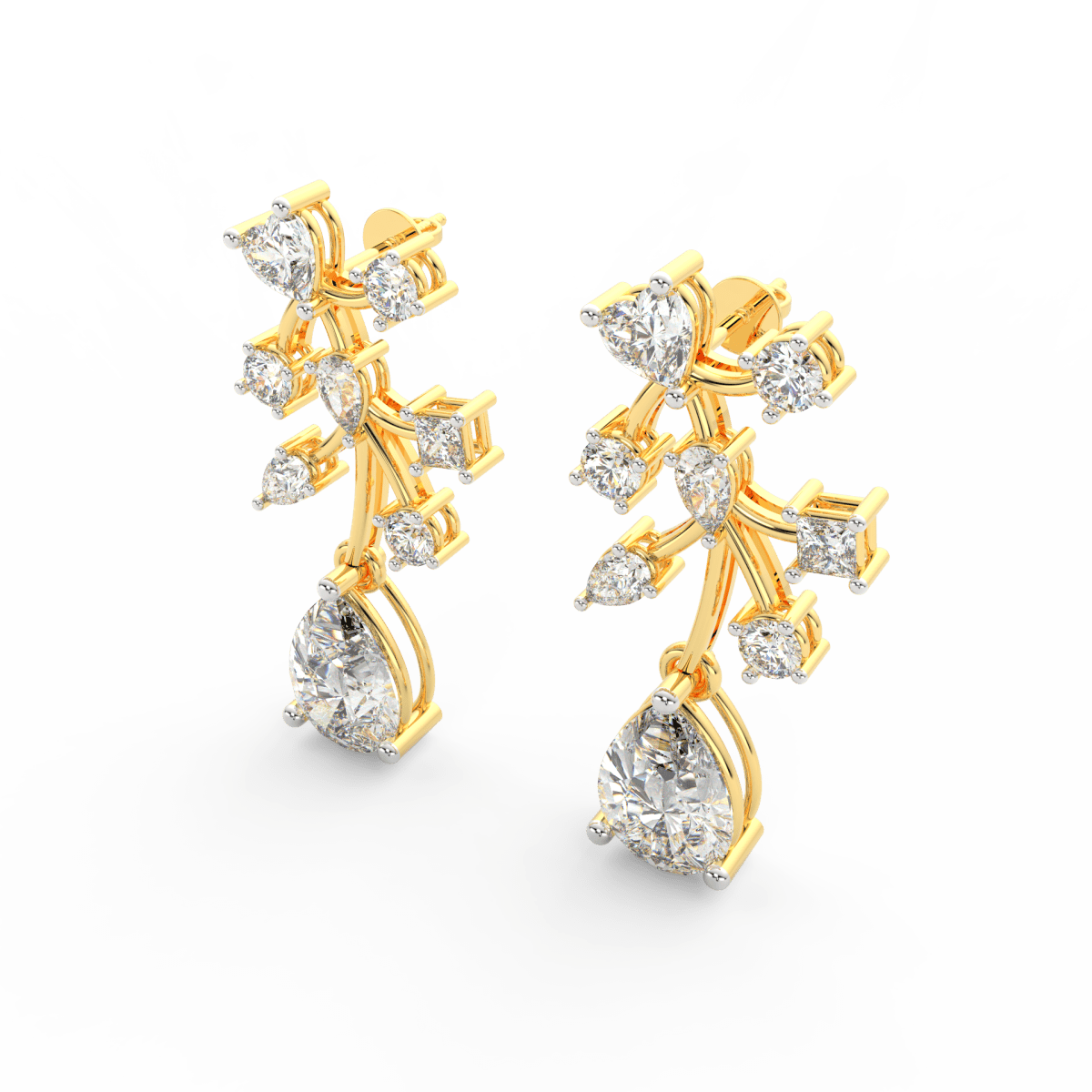 Angled view of yellow gold bloom earrings featuring polished petals and lab grown diamonds arranged symmetrically.
