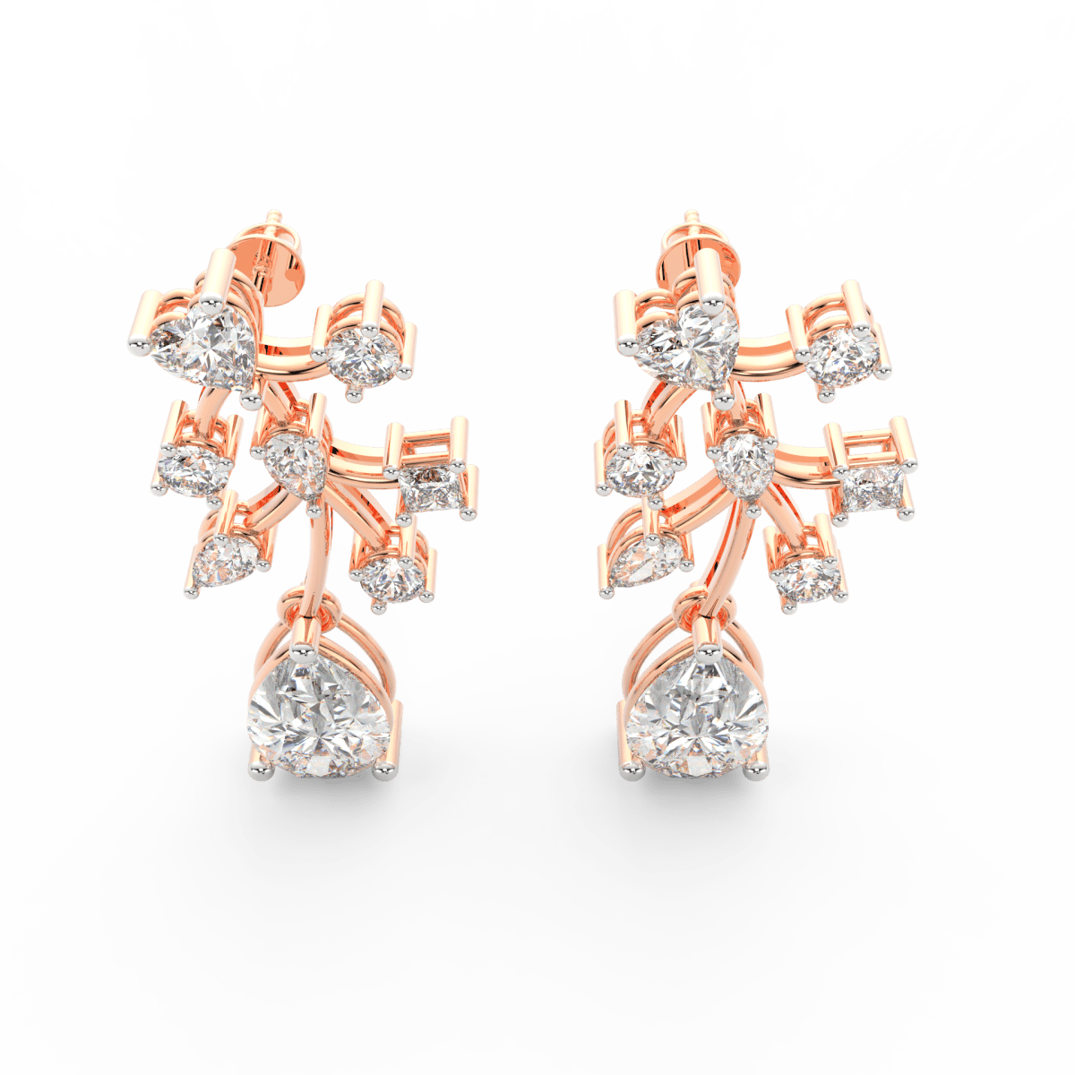 Side profile of rose gold floral earrings with push-back clasp and lab grown diamond floral pattern.
