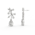 Side profile of white gold floral bloom earrings with secure push-back clasp and round lab grown diamonds.
