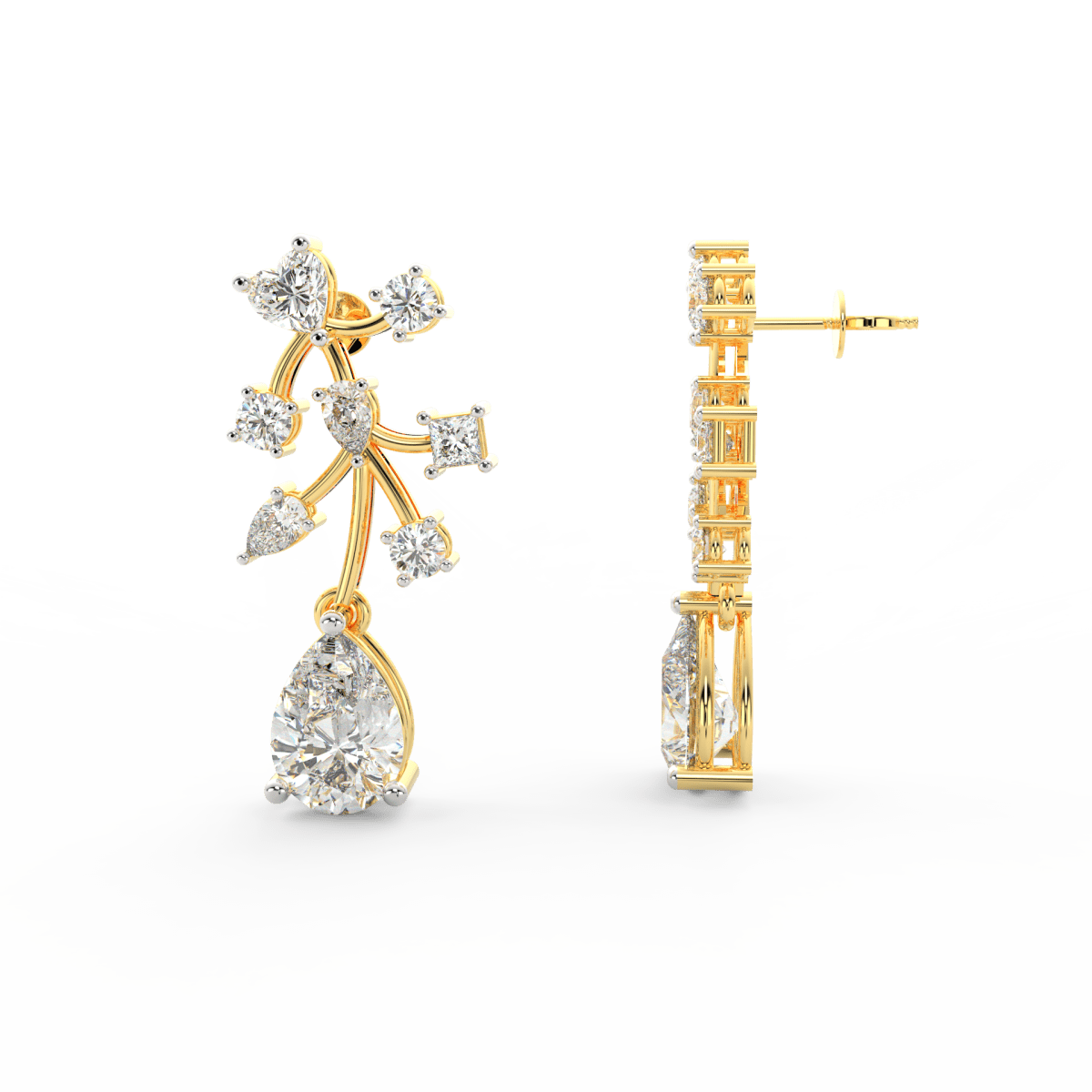 Side profile of yellow gold floral earrings with secure push-back clasp and radiant lab grown diamonds.
