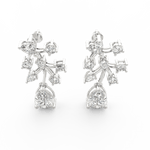 Top view of white gold earrings showcasing floral bloom shape with round lab grown diamonds.
