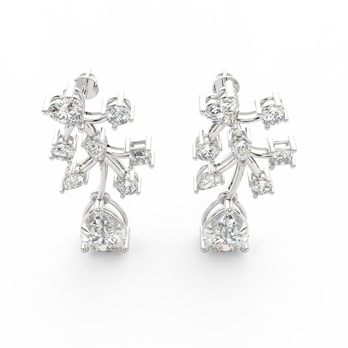 Top view of white gold earrings showcasing floral bloom shape with round lab grown diamonds.
