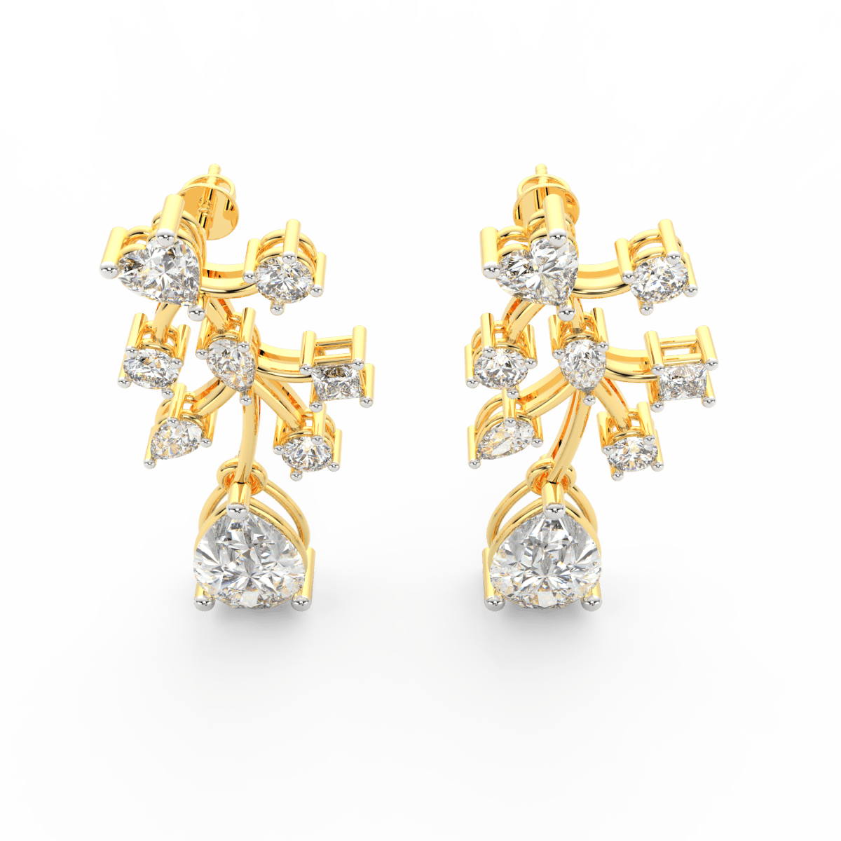 Top view of yellow gold bloom earrings showcasing round lab grown diamonds arranged in a clean floral design.
