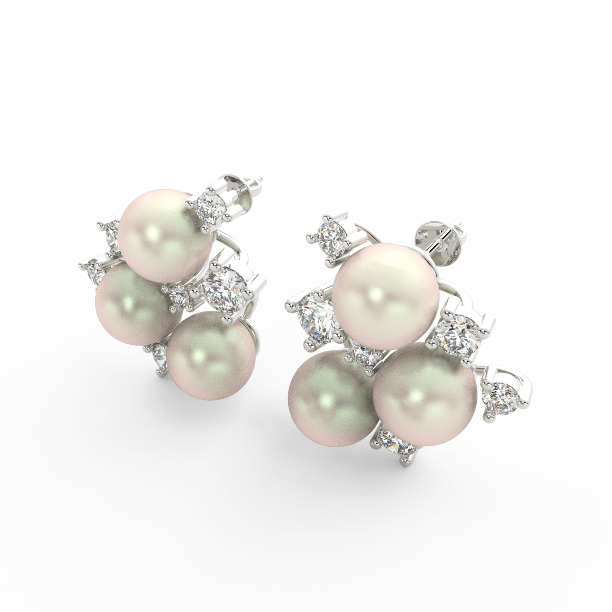 Angled view of white gold pearl bloom earrings featuring round lab grown diamonds and polished floral shape.
