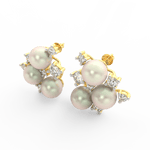 Angled view of yellow gold pearl bloom earrings featuring round lab grown diamonds and luminous pearl center.
