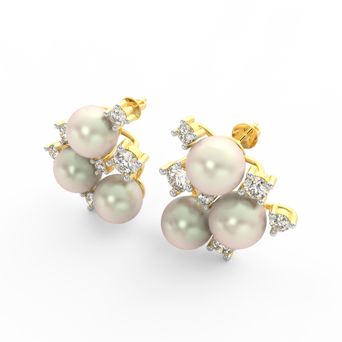 Angled view of yellow gold pearl bloom earrings featuring round lab grown diamonds and luminous pearl center.
