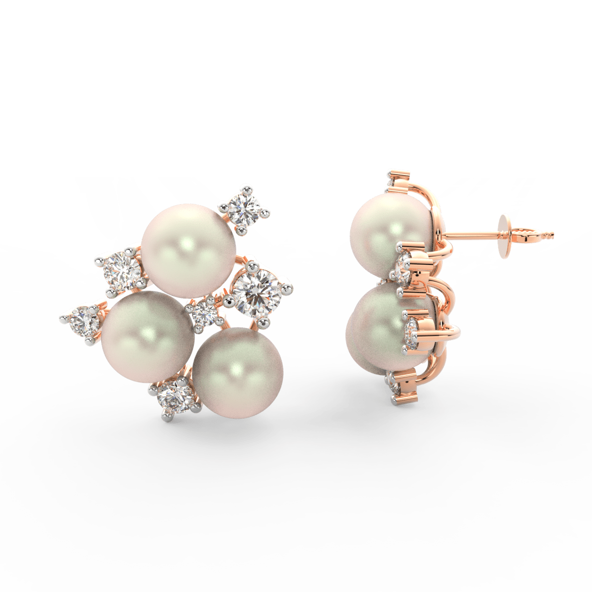 Side profile of rose gold earrings with secure push-back clasp, pearl center, and lab grown diamonds.
