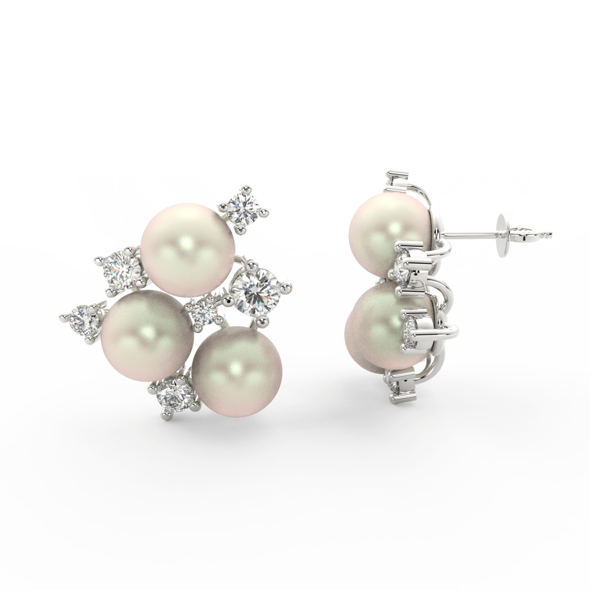 Side profile of white gold earrings with secure clasp, pearl centerpiece, and round lab grown diamond petals.
