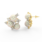 Side profile of yellow gold earrings with push-back clasp, pearl center, and lab grown diamond floral design.
