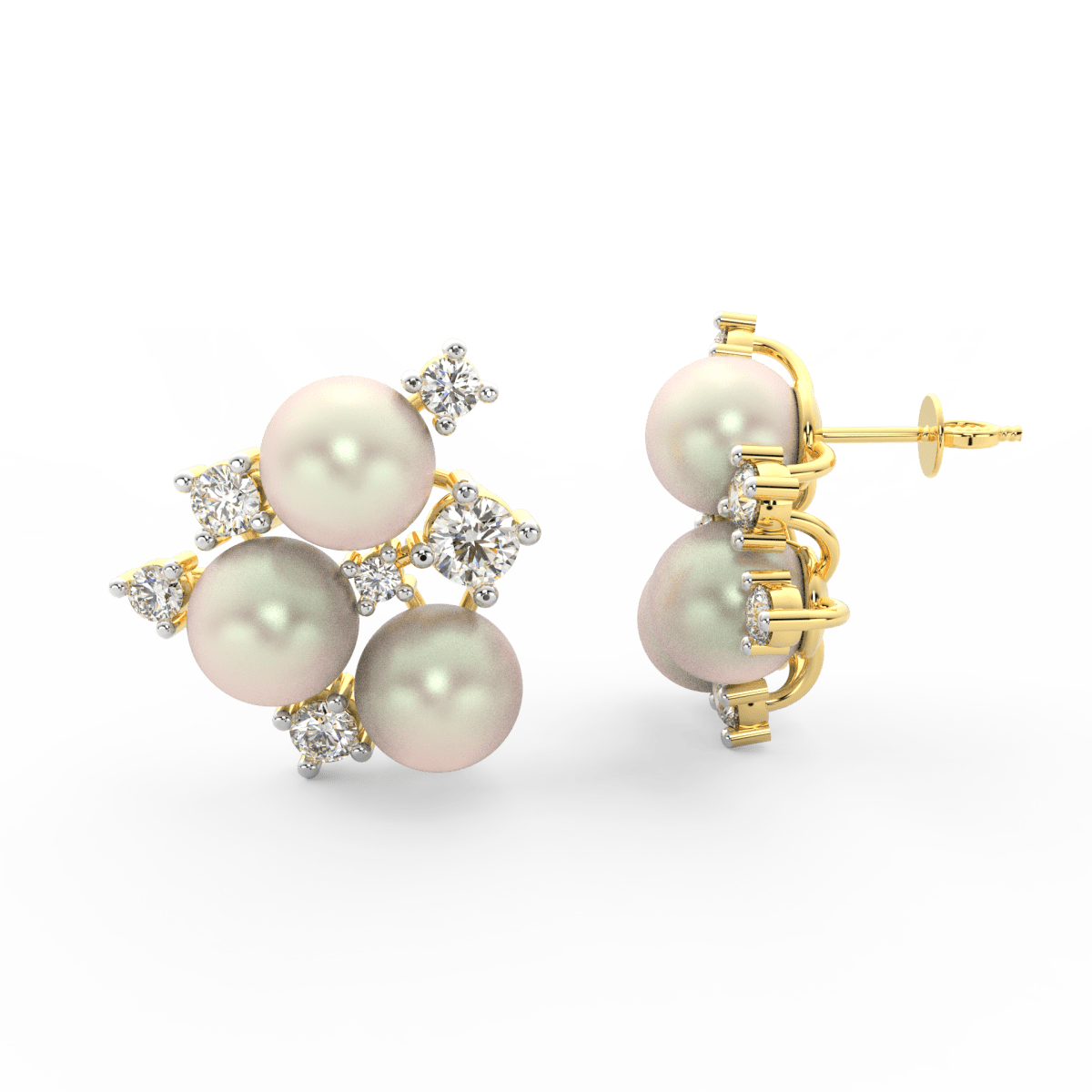 Side profile of yellow gold earrings with push-back clasp, pearl center, and lab grown diamond floral design.
