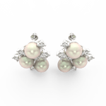 Top view highlighting white gold floral design with pearl center and round lab grown diamond border.

