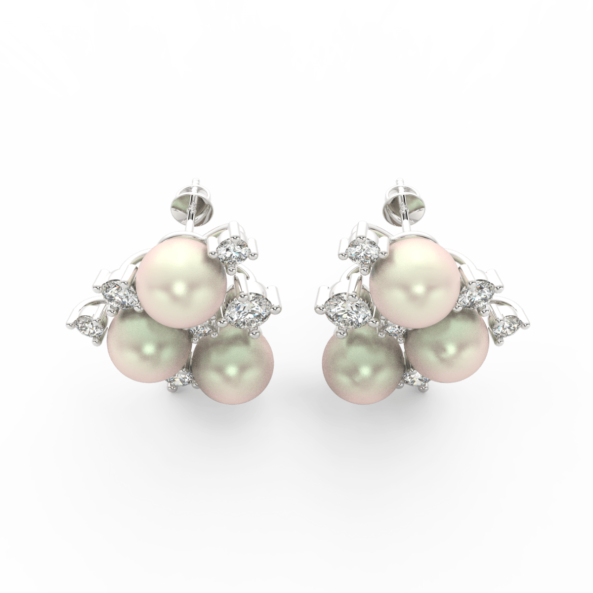 Top view highlighting white gold floral design with pearl center and round lab grown diamond border.
