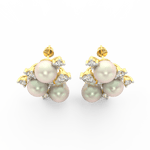 Top view highlighting yellow gold floral setting with round diamonds encircling pearl centerpiece.
