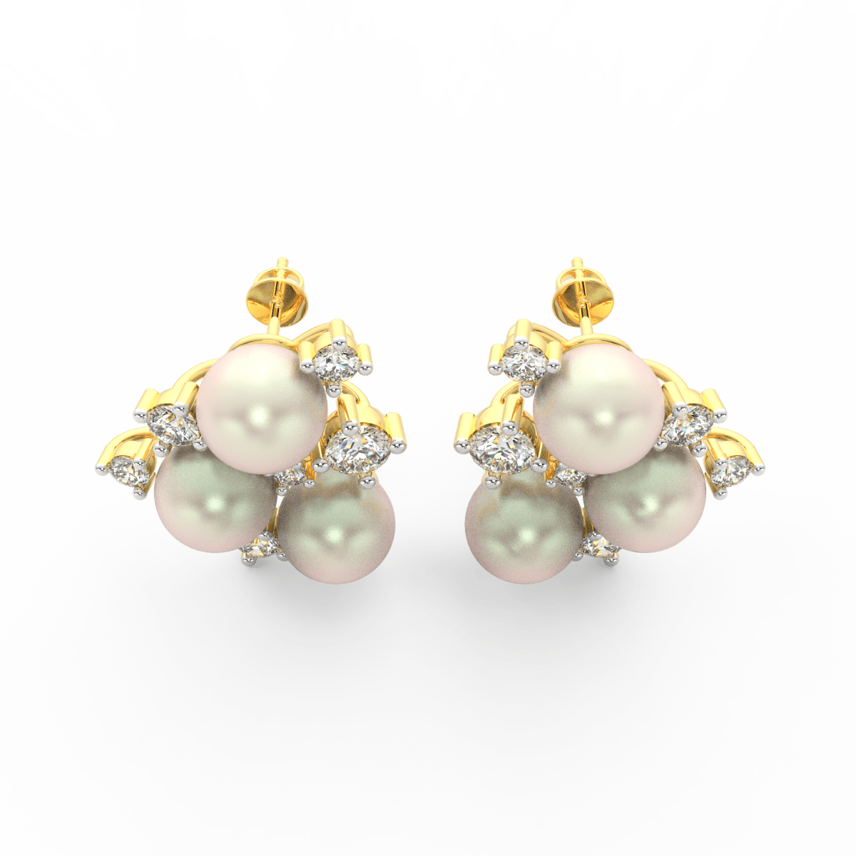 Top view highlighting yellow gold floral setting with round diamonds encircling pearl centerpiece.
