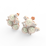 Angled view of rose gold floral pearl earrings with polished finish and sparkling lab grown diamond petals.
