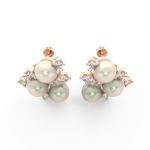 Top view of rose gold floral design highlighting pearl center with round lab grown diamond accents.
