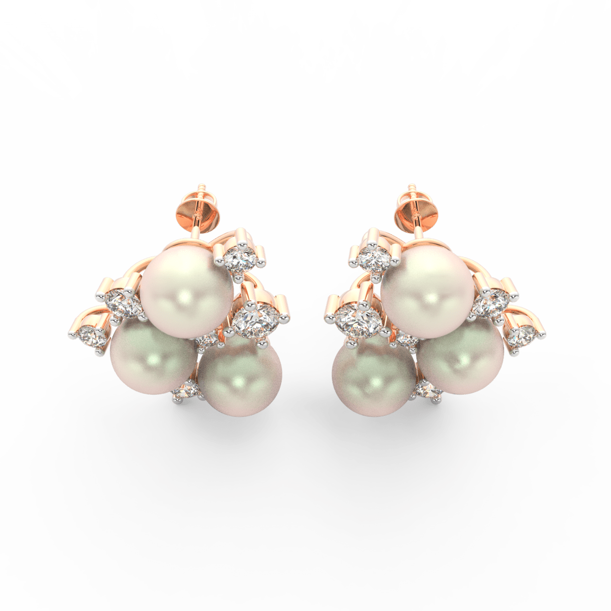 Top view of rose gold floral design highlighting pearl center with round lab grown diamond accents.
