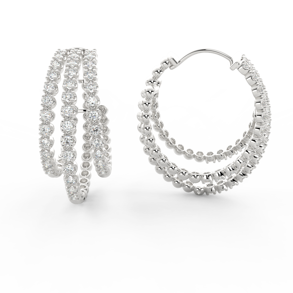Side profile of white gold triple hoop earrings featuring lab grown diamonds and secure push-back clasp.
