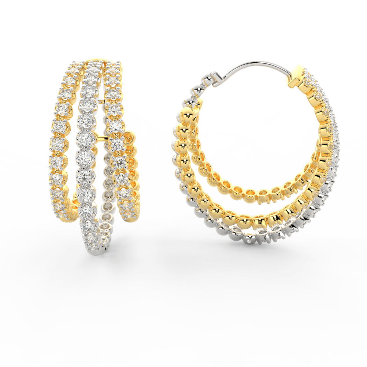 Side profile of yellow gold triple hoop earrings with lab grown diamonds and secure push-back clasp.

