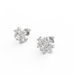 Angled view of floral white gold earrings featuring a solitaire lab grown diamond center.
