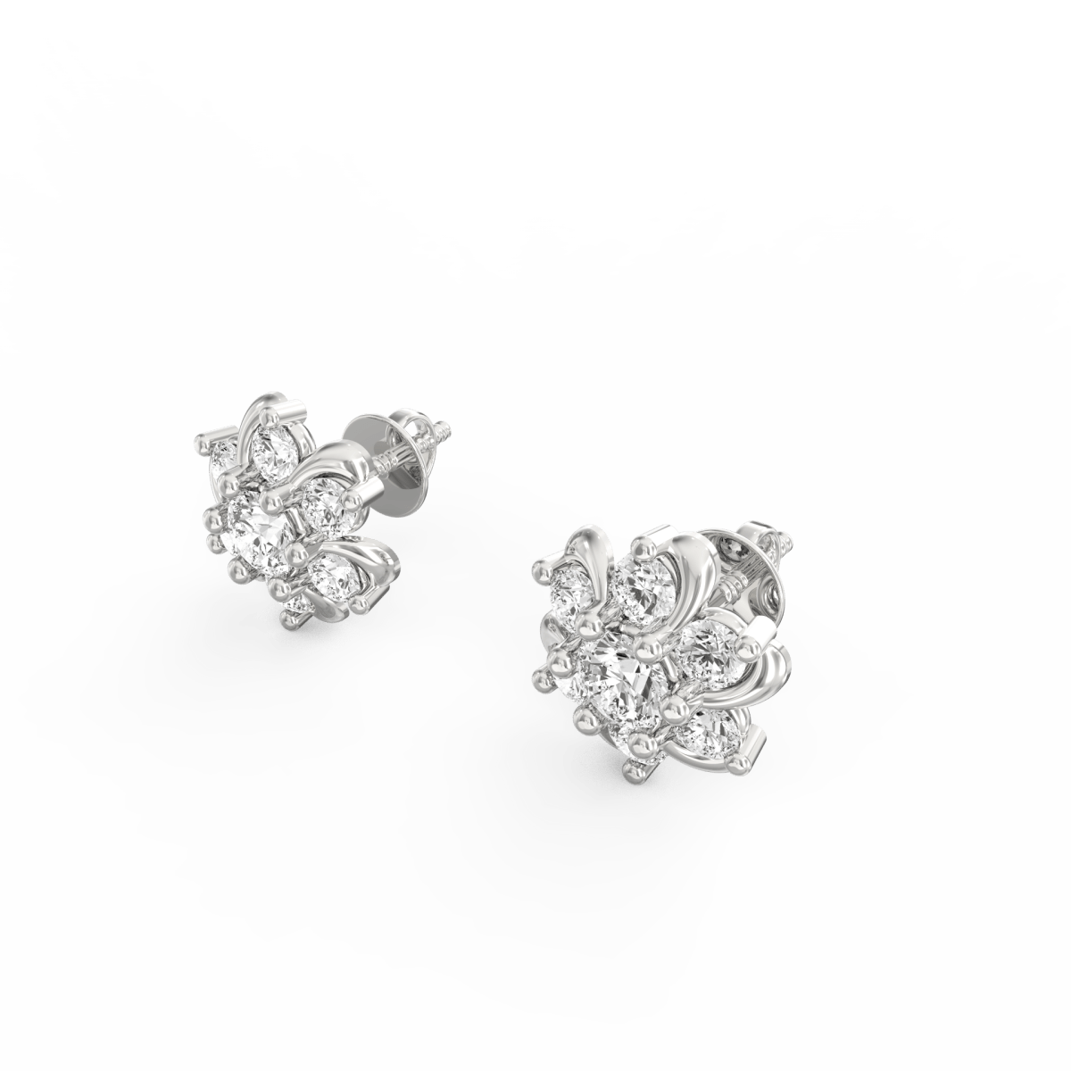 Angled view of floral white gold earrings featuring a solitaire lab grown diamond center.
