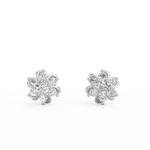 Front view of white gold solitaire diamond earrings with floral silhouette and lab grown sparkle.
