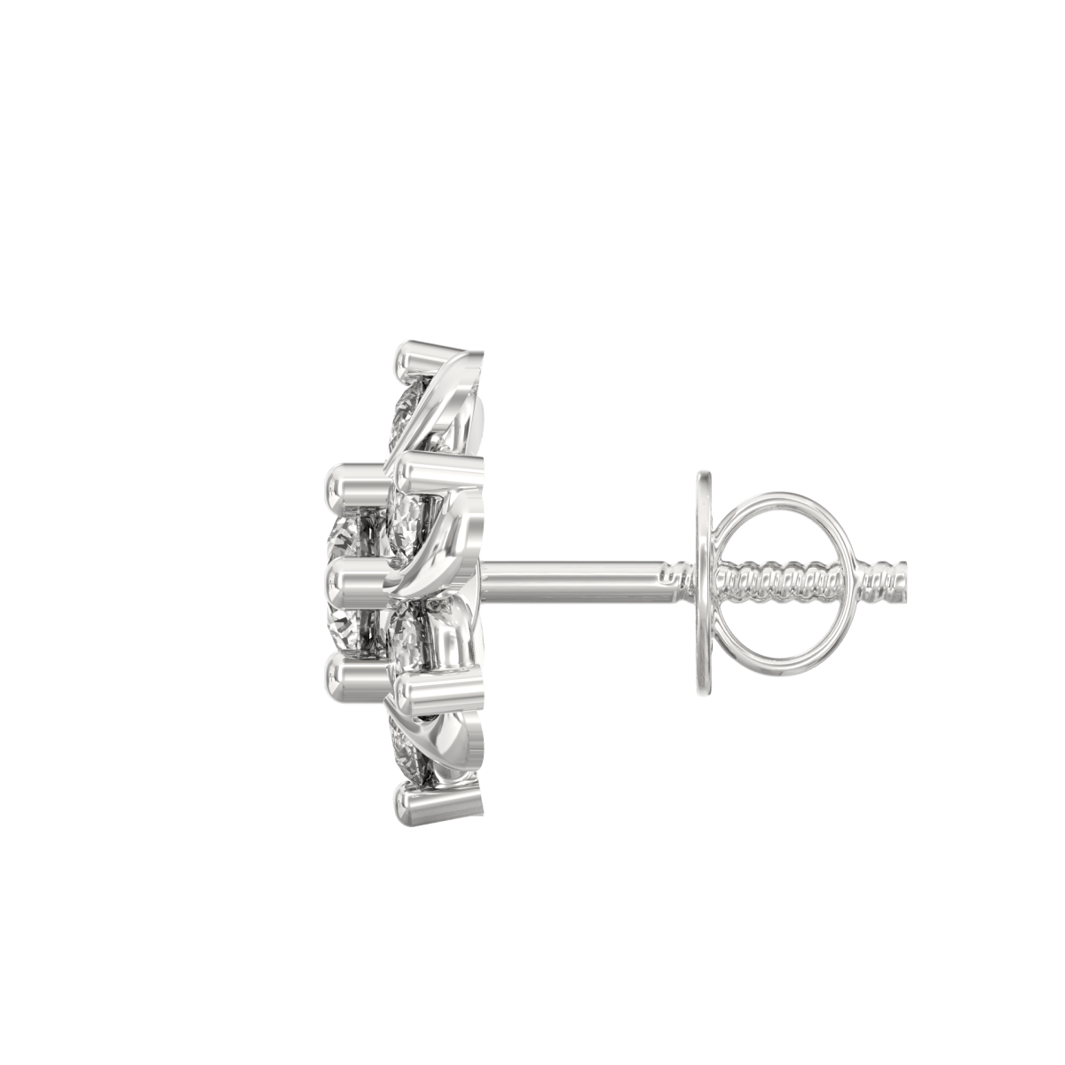 Side profile showing white gold petal-inspired earrings with push-back clasp and clean lines.
