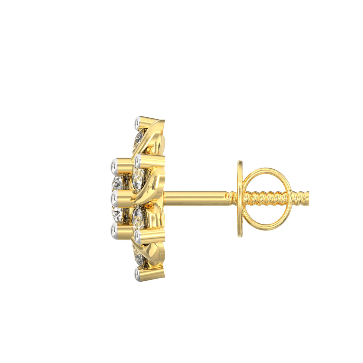 Side profile showing yellow gold setting and secure push-back clasp of solitaire earrings.
