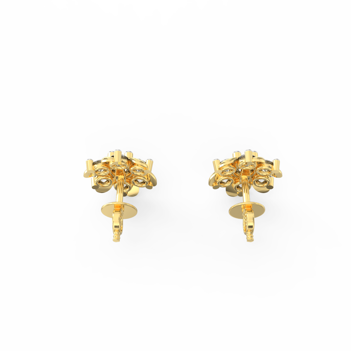 Top view of blooming petal-inspired yellow gold earrings set with sparkling lab grown diamonds.
