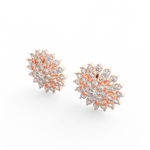 Angled view of rose gold floral diamond studs with polished finish and lab grown diamonds forming flower design.
