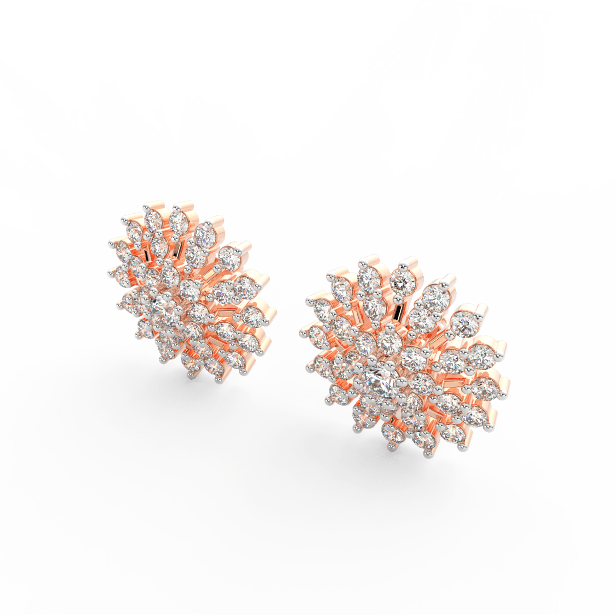 Angled view of rose gold floral diamond studs with polished finish and lab grown diamonds forming flower design.
