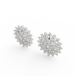 Angled view of white gold floral diamond studs with polished floral design and sparkling lab grown diamonds.
