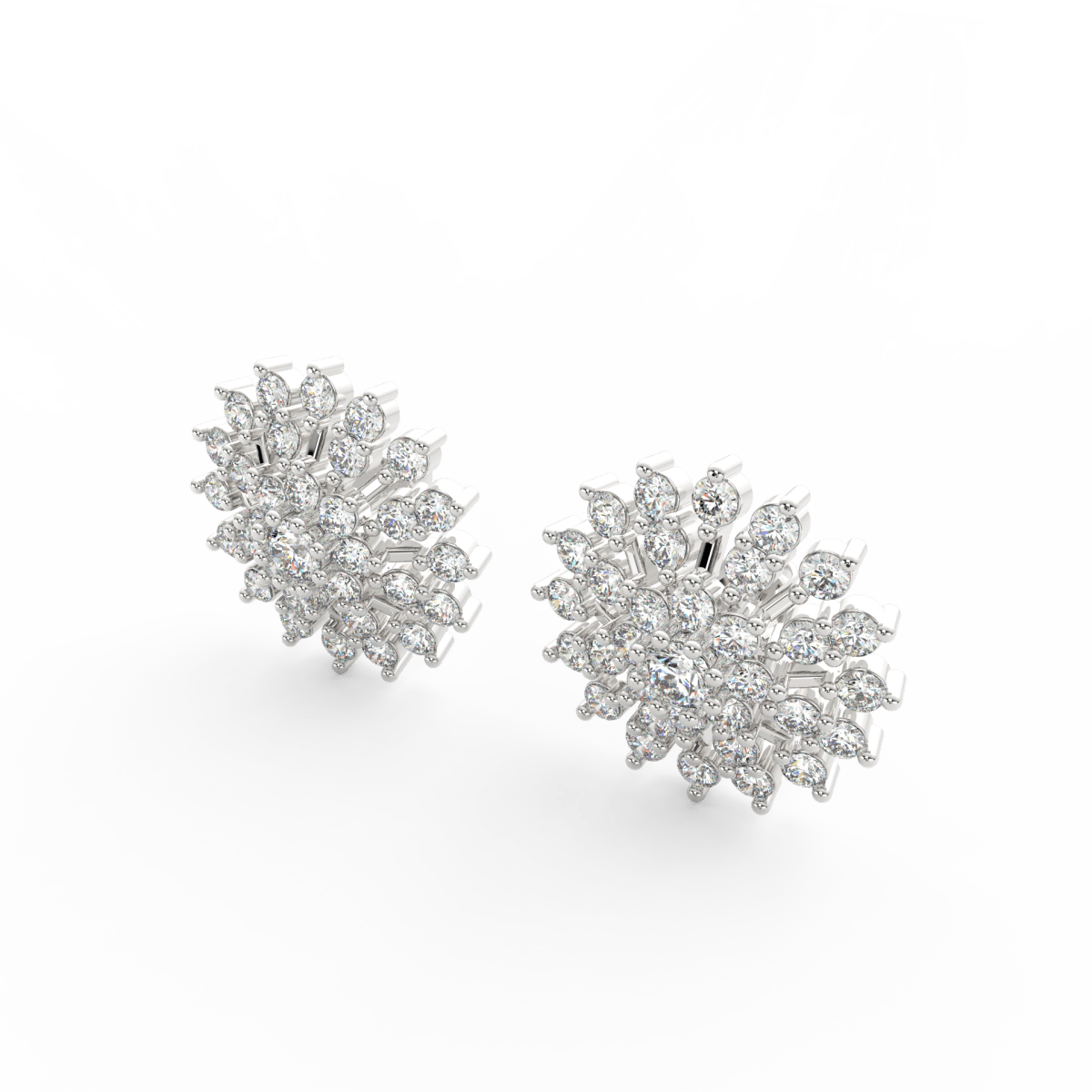 Angled view of white gold floral diamond studs with polished floral design and sparkling lab grown diamonds.
