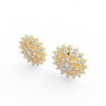Angled view of yellow gold floral diamond studs featuring polished petals and sparkling lab grown diamonds.

