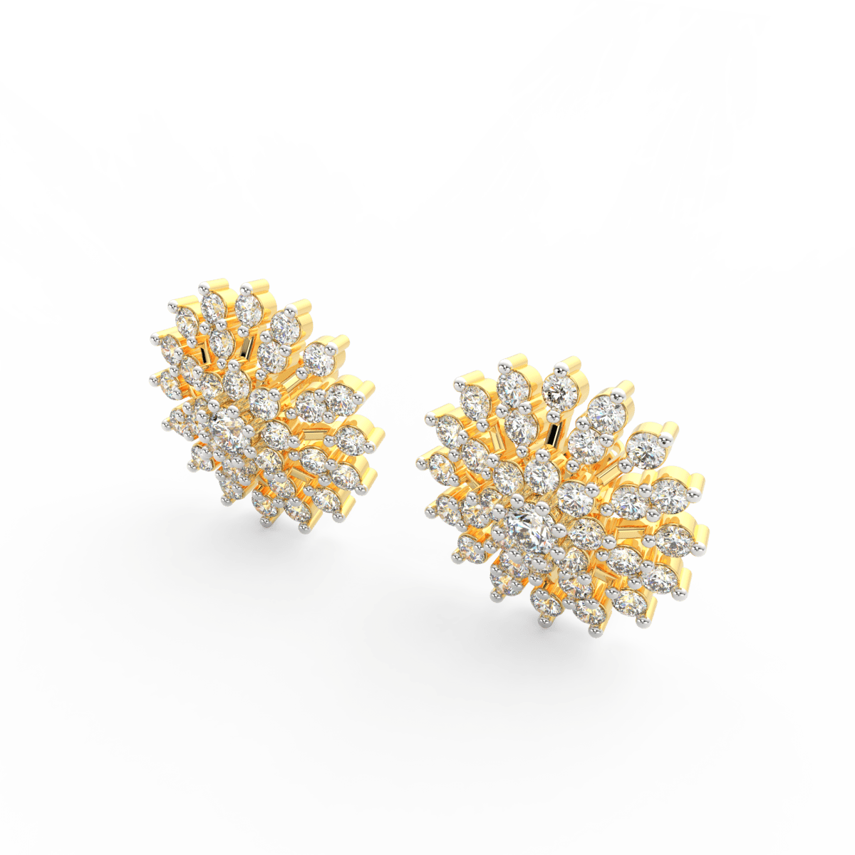 Angled view of yellow gold floral diamond studs featuring polished petals and sparkling lab grown diamonds.
