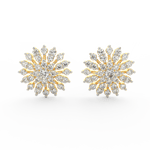Front view of Celeste Radiance yellow gold floral stud earrings with round lab grown diamonds arranged in a flower shape.
