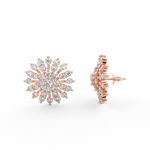 Side profile of rose gold floral earrings with push-back clasp and round lab grown diamonds set in floral shape.
