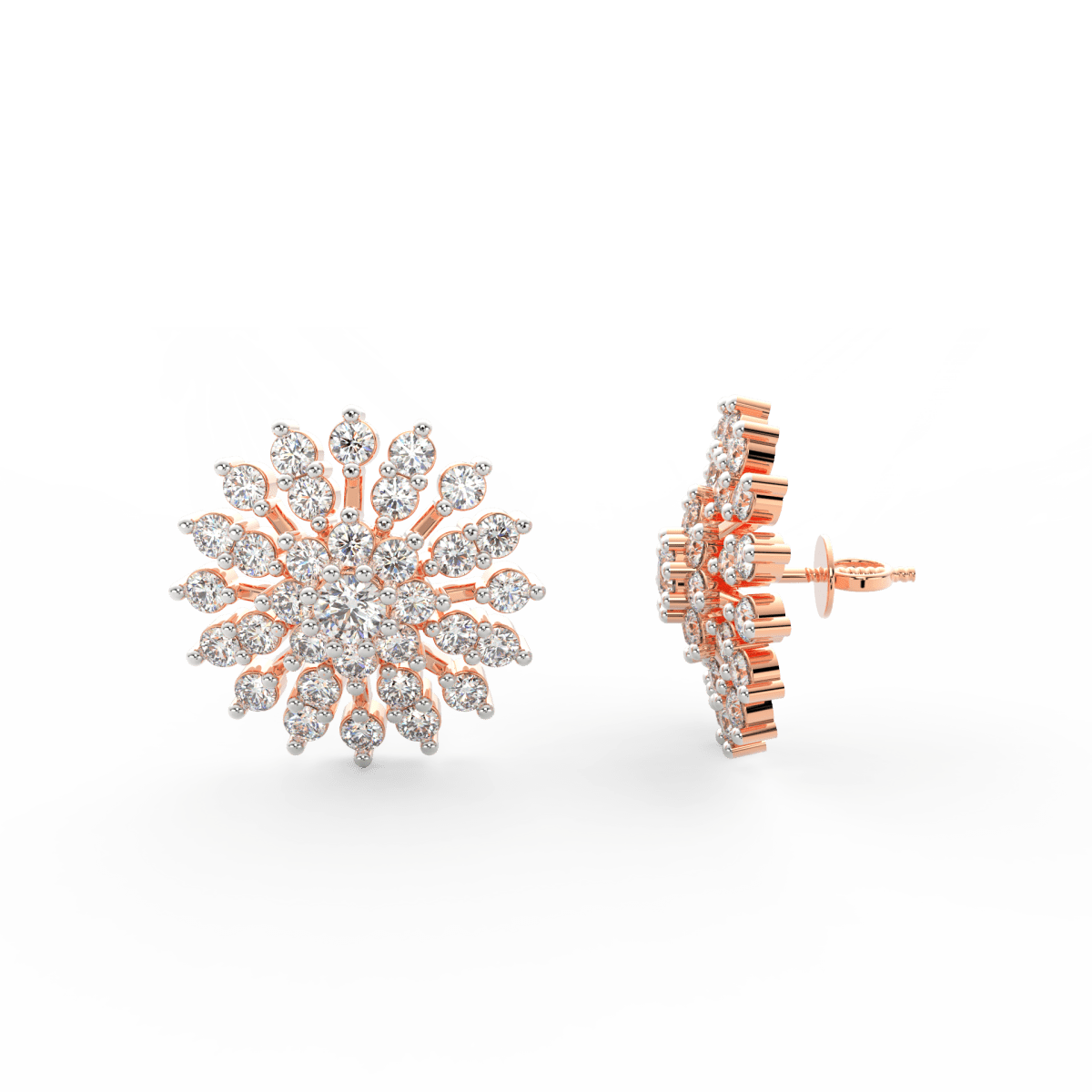 Side profile of rose gold floral earrings with push-back clasp and round lab grown diamonds set in floral shape.

