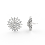 Side profile of white gold floral earrings with push-back clasp and delicately arranged lab grown diamonds.
