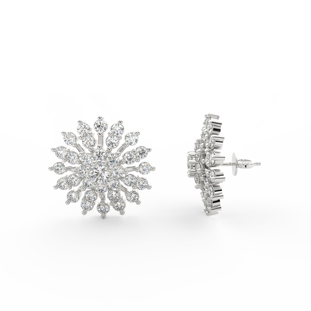 Side profile of white gold floral earrings with push-back clasp and delicately arranged lab grown diamonds.
